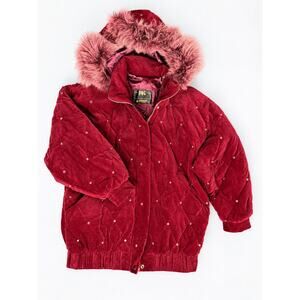 Y2K London Fog FOG Burgundy Quilted studs Velvet Hooded Fur Trim Jacket